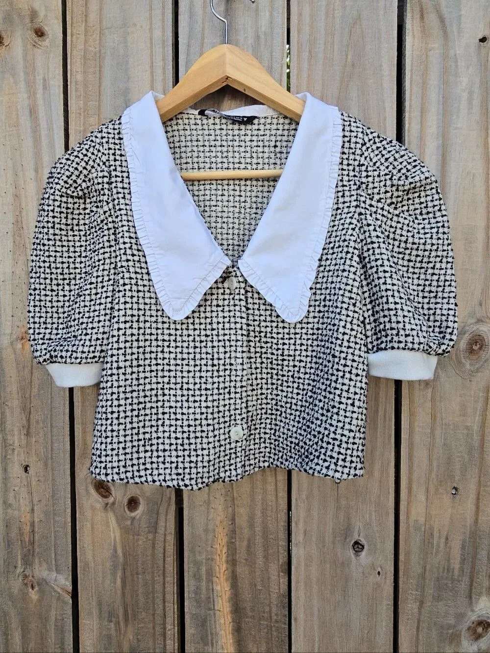 ZARA Tweed Cropped Top Blouse with Contrast Peter Pan Collar & Puff Sleeves - S